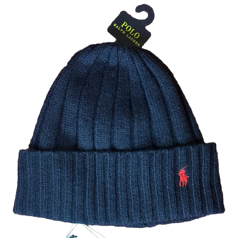 Ralph Lauren Para Hombres Polo Puño de Lana Gorro Tejido Sombrero Azul Marino Oscuro - Rojo Logo de Poni Foto 3 de 4