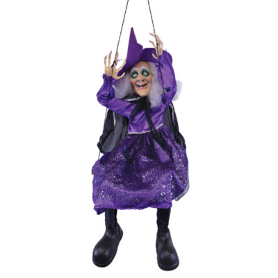 Kicking Witch On Swing Animated Halloween Prop Purple Legs Cape Haunted House