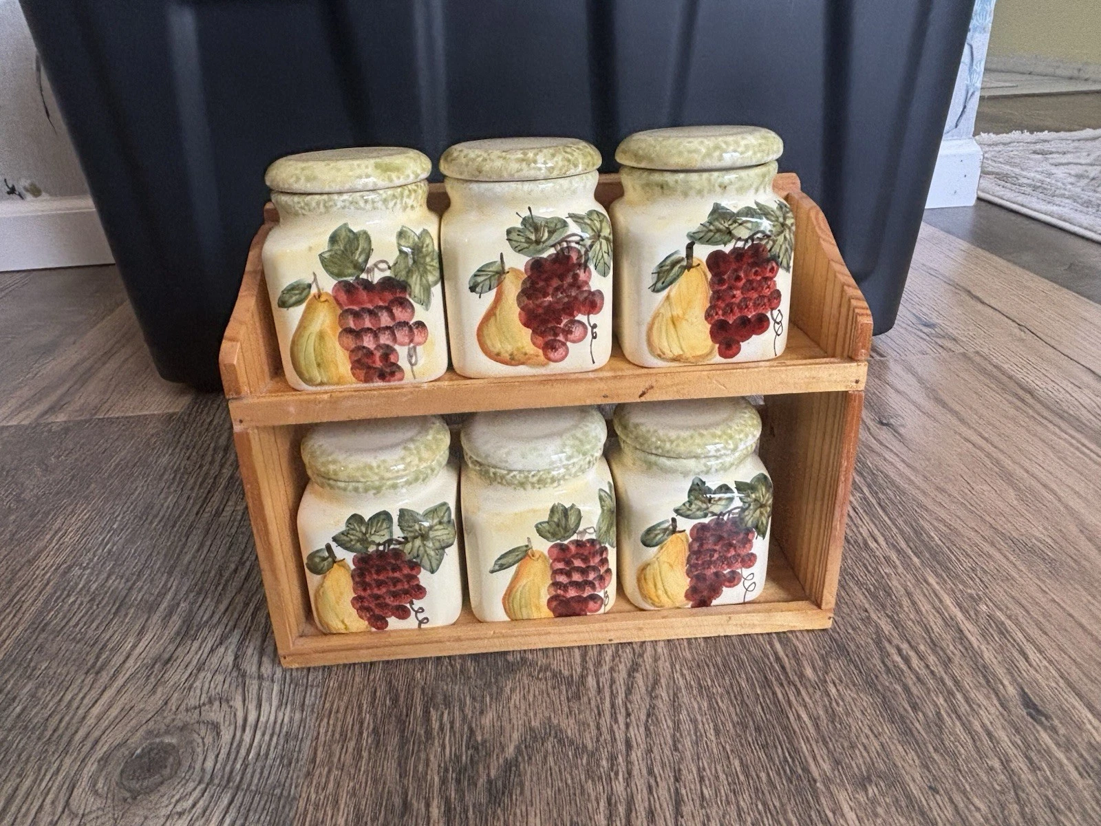 Wood Spice Rack Set Ceramic Fruit Jars Farmhouse Storage Decor Cottage Vintage ￼