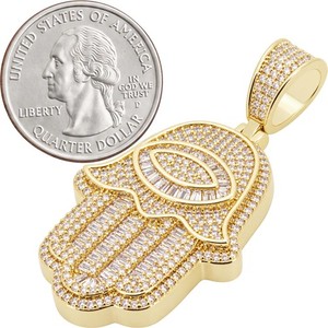 Authentic 14K Yellow White Gold Plated Aaa Cubic Zirconia Evil Eye Hamsa Hand Pendant
