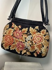 Vintage Needlepoint Embroider Black/Floral multi color purse handbag As/Is