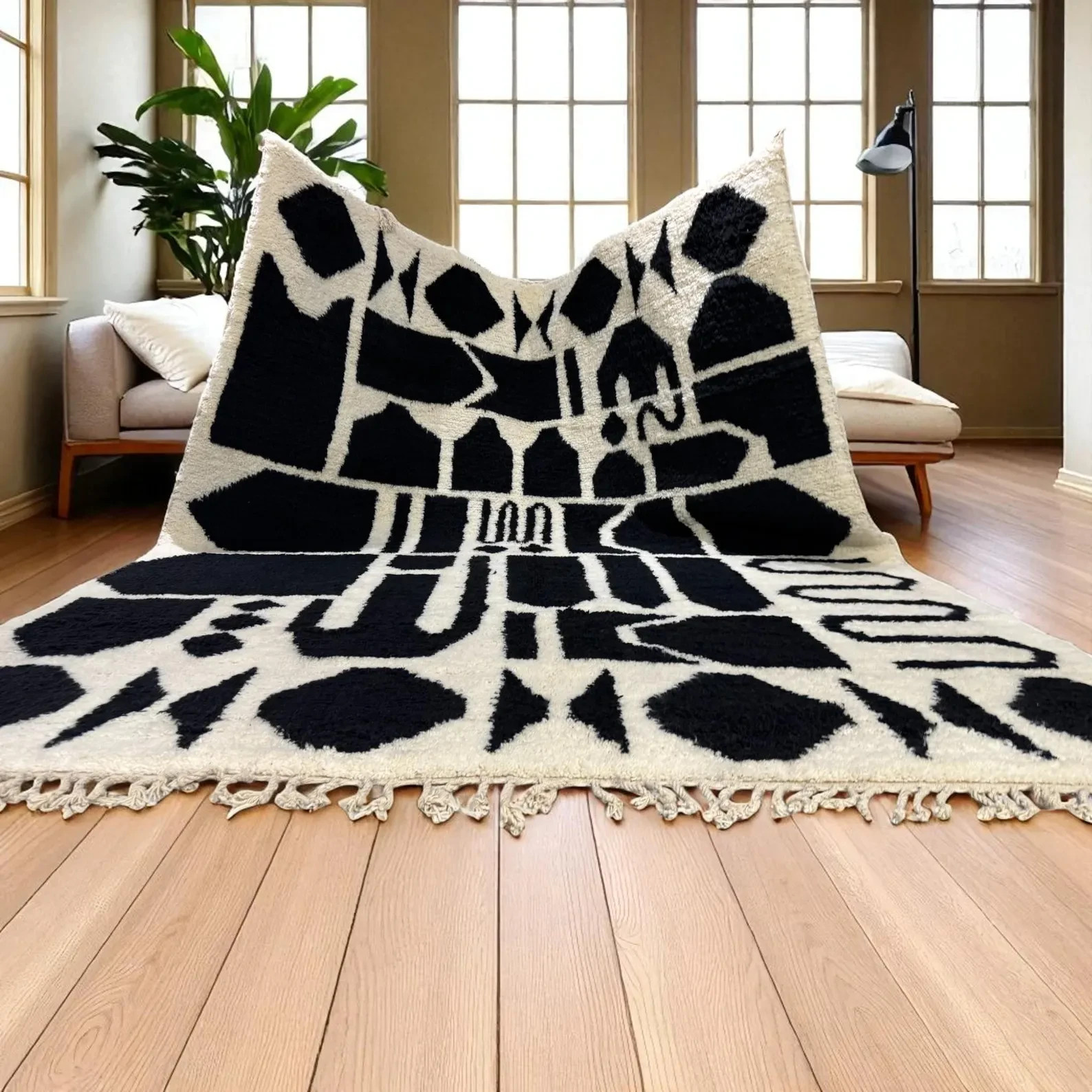 New Black White Geometric Wool Moroccan rug ft for Living Room,Bedroom,Drawing