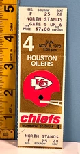 8/11/1970 Kansas City Chiefs Football Ticket vs Houston Oilers B. Bell 45 INT TD