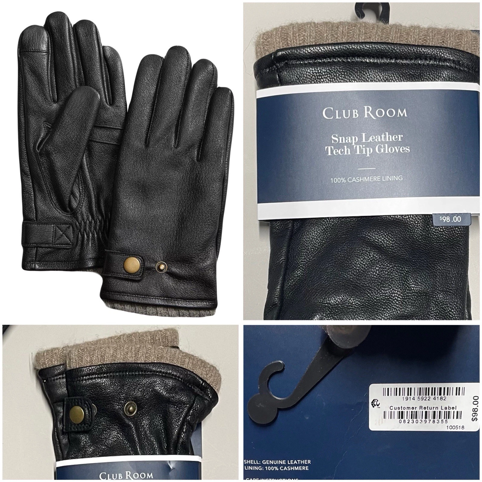 Club Room Men's Snap Leather Cashmere Lined Tech Tip Gloves Black-Medium New NWT