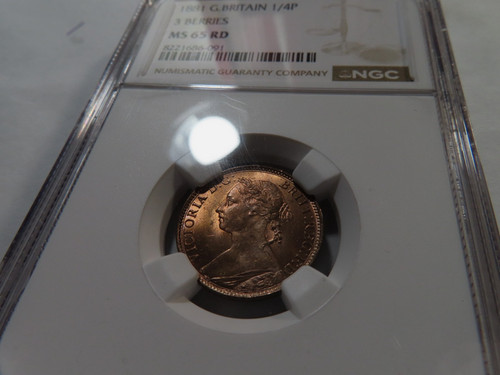 :1881 FARTHING GREAT BRITAIN VICTORIA NGC MS65RD RARE R7 HIGHEST GRADE TOP POP