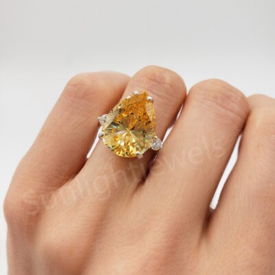RARE 35.60 Ct Treated Certified Pear Shape Champagne Diamond Ring 925 Silver