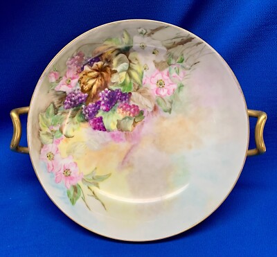 ELEGANT HAND-PAINTED PEDESTAL BOWL BLACKBERRIES & FLOWERS 1915 GIFT