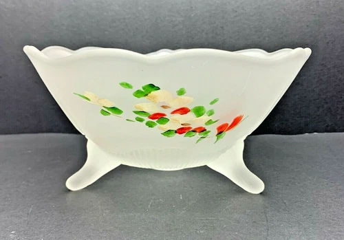 Vintage 1930s Lancaster Depression Glass Frosted Hand-Painted Floral Bowl