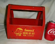 SHINOLA RED METAL SHOE SHINE BOX HOLDER KIT MAN BOY RACK BRUSH POLISH CLOTH USA