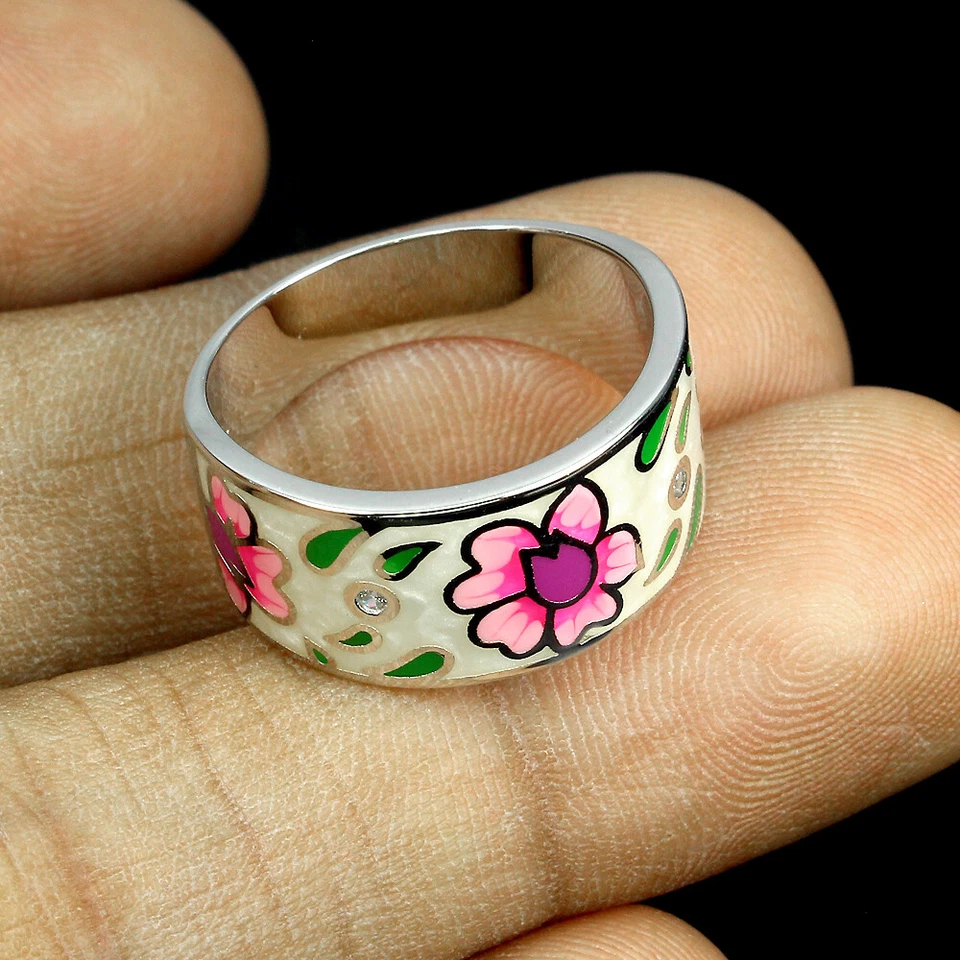 925 Anello Argento Sterling Rotondo AAA Bianco Finto Smalto Gemma Gioielli - Immagine 3 di 4