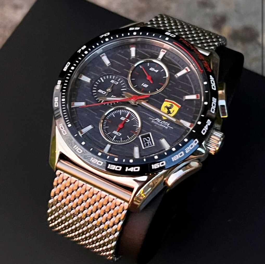 Ferrari Pilota Evo Chronograph watch with leather strap and mesh band