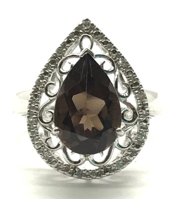 Sterling Silver Faceted Pear Smoky Topaz Swirl Dotted Diamond Halo Cocktail Ring