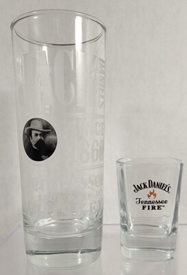 JACK DANIELS HIGHBALL GLASS & SHOT GLASS. TENNESSEE FIRE WHISKEY SOUR MASH 