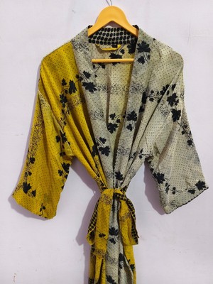 Patchwork Sari Silk Kimono House Wear Bathing Gown Woman's Belted Gown,  B-3675