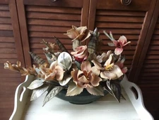 VTG MCM WAX FLOWERS FLORAL ARRANGEMENT  1960s GREEN 13" L GONDOLA BOWL/VASE RARE