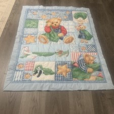 My Blue Jean Teddy Bear Baby Crib Blanket Quilt Blue Satin Trim