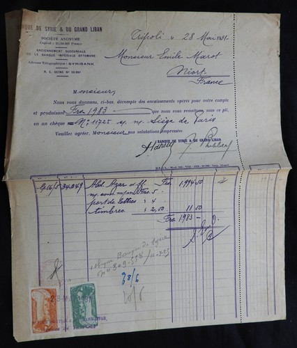 Facture ancienne + timbres Fiscaux / République Libanaise 1931