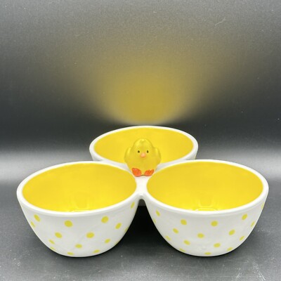 Tag Three Snack Bowl Baby Chick Easter Polka Dot Tray  Bright Yellow And White