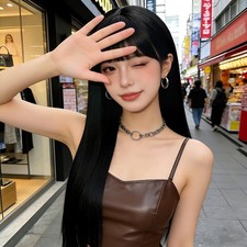 Women Black Long Straight Wigs Air Bangs Heat Resistant Synthetic Full Wig Daily