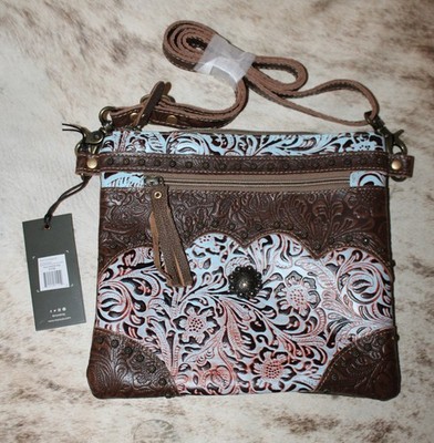 Myra #3398 Embossed Leather Blue Floral 10''x9'' Bag~Crossbody-Pocket~Studs Accent