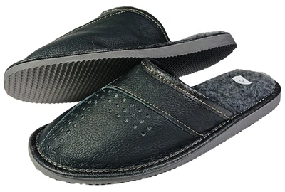 Herren Leder Hausschuhe Schwarz Rindsleder Schafwolle Pantoffeln Warm Gr.40-47 - Bild 1 von 4