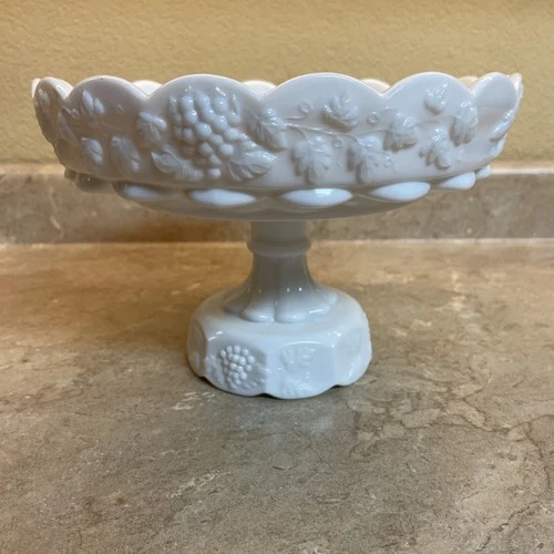 Vtg  Westmoreland Milk Glass Grape pattern Pedestal Compote 6" Tall Dish