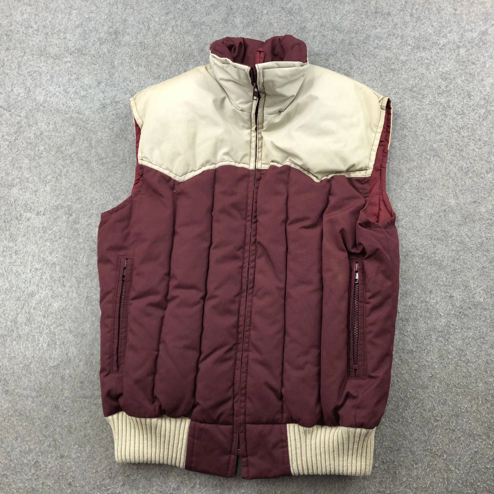 Vintage Ski Daddle Vest Mens Medium Maroon Tan Down Puffer Western 70s Pack-In