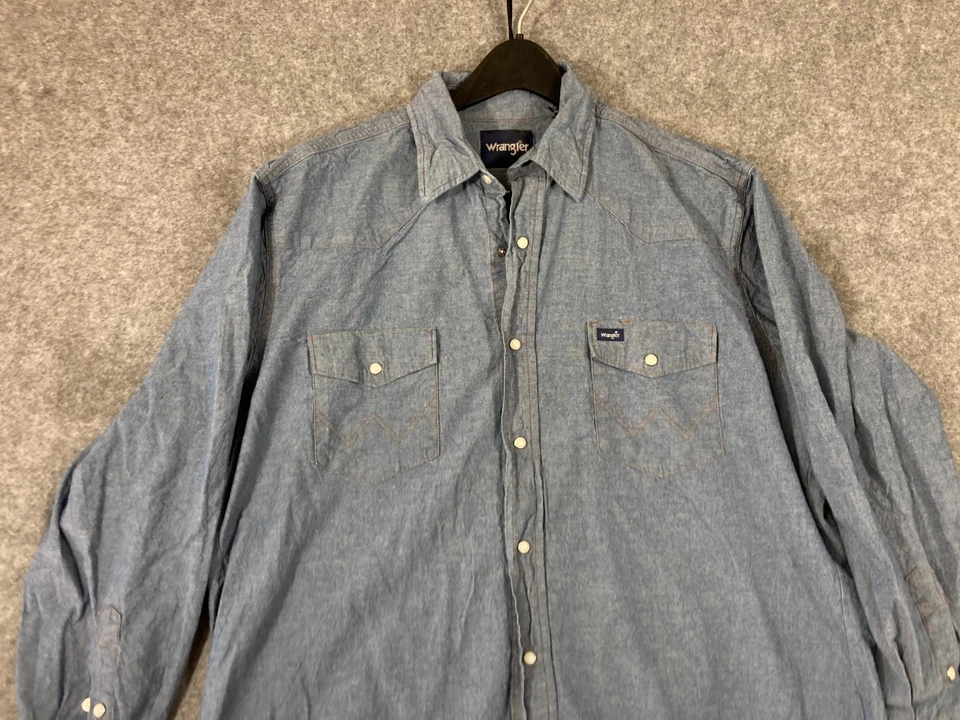 Wrangler Western Shirt Mens XL Blue Chambray Pearl Snap Front Long Sleeve Cowboy - Image 2 of 4