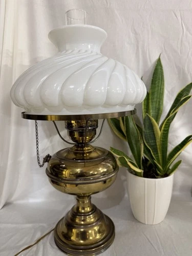 Vintage Brass Tone Hurricane Student Lamp White Swirl Milk Glass Shade & Chimney