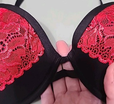 ESMARA LINGERIE Black W/ Red Lace Overlay Padded Sexy Underwire Bra; Size 38B 