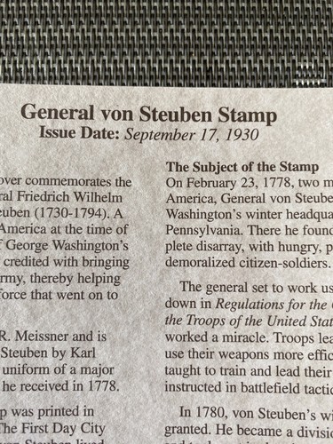 1930 GENERAL VON STEUBEN POSTAL COMMEMORATIVE SOCIETY FIRST DAY ISSUE STAMP NEW - Picture 3 of 5