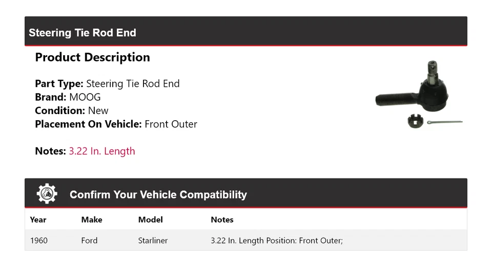 For 1960 Ford Starliner Steering Tie Rod End Front Outer MOOG - Image 2 of 4