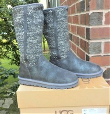 NEW UGG Camaya Mid-Calf Sweater Boots Metallic Gray Sequin Suede WOMEN'S SIZE 6