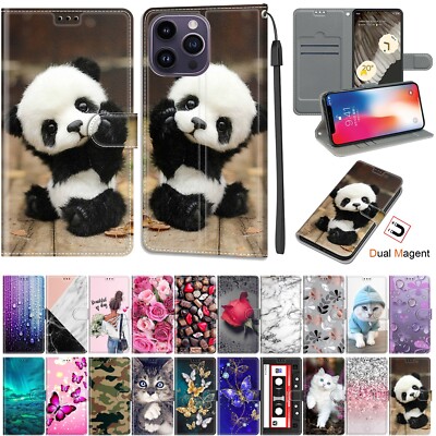 For iPhone 14 13 12 Pro Max Phone Case PU Leather Wallet Card slot Pattern Cover