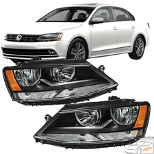 Black Headlights Assembly Fit 2011-2018 Volkswagen Jetta MK6 Halogen Headlamp