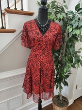 Boho Thread Women Red & Black Polyester V-Neck Short Sleeve Knee Length Dress M