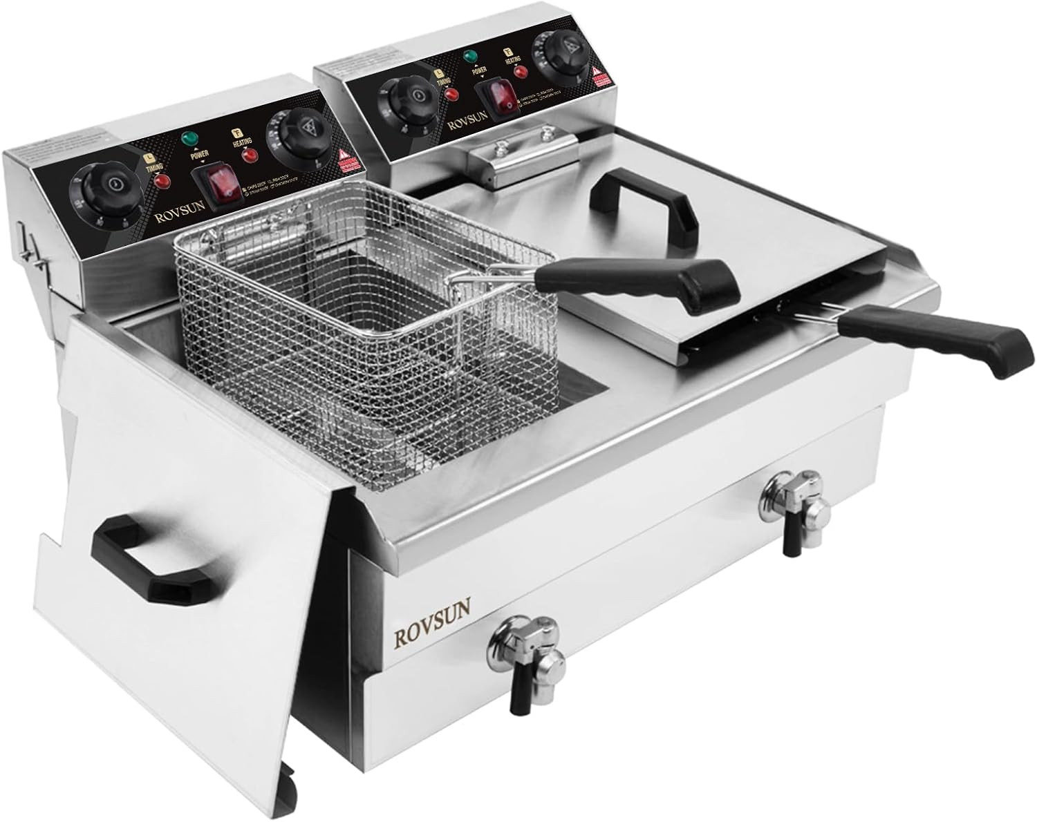 24.9QT Electric Deep Fryer W/Frying Baskets Timer Drains & Lids, Dual Tank Kitch