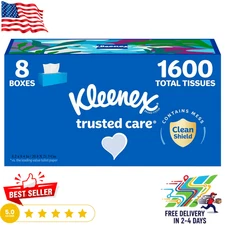 Kleenex Trusted Care Facial Tissues, 8 Boxes, 200 Tissues per Box, 2Ply, Pck May