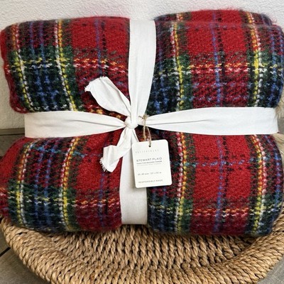 POTTERY BARN STEWART PLAID FAUX FUR BACK THROW BLANKET 50 X 60'' ~ RED MULTI
