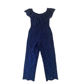 Lovers + Friends Navy Blue Eyelet Jumpsuit Off Shoulder Ruffle Cotton Size M