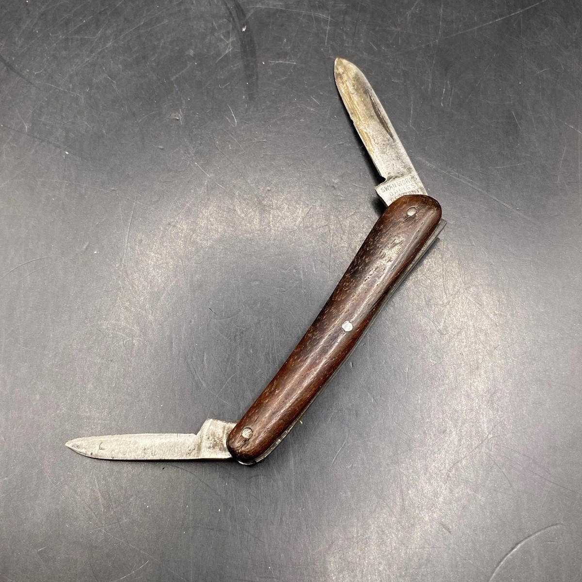 Vintage Pocket Knife Swan Works Ohligs Germany 2 Blade Brown Wood