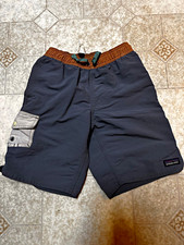 Patagonia Boys Gray Swim Shorts Nylon Canvas Logo Drawstring Elastic Waist