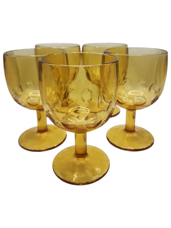  Set of 5 Bartlett Collins Amber Gold Glasses Thumbprint Goblets Vintage GUC