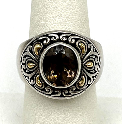 Samuel B Benham 925 Sterling Silver & Solid 18K Gold Smoky Quartz Ring SZ. 6.5