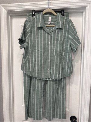 Classic 2 Pc Auden Green Striped Button Down Pajama Set Size Large  Nwt