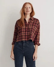 MADEWELL Small Flannel Long-Sleeve Crop Relaxed Fit Shirt Orange Plaid Barn