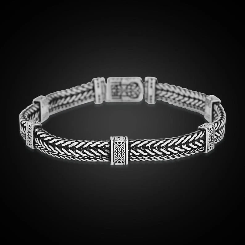 Solid Chain Bracelet Sterling Silver, Engraved Handmade Foxtail Bracelet - Image 3 of 4