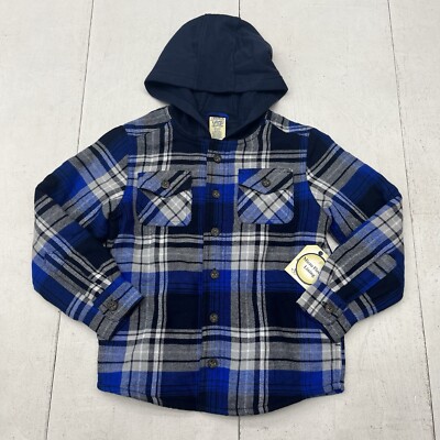 Faded Glory Blue Plaid Thick Flannel Jacket Hooded Fleece Lined