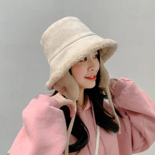 New Women Winter Bucket Hat Fleece Faux Fur Plush Hat Soft Warm With Ear Flaps - Bild 2 von 9