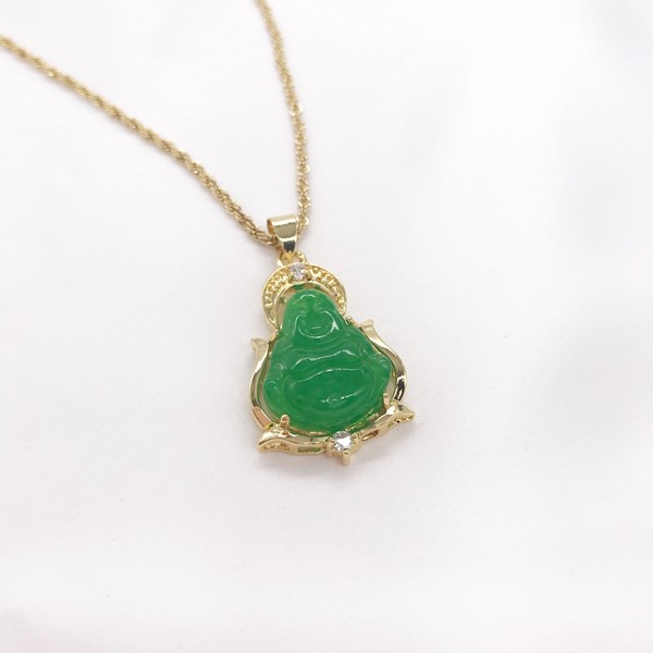 Alternate view of Good Fortune Wisdom Gold Plated Jade Laughing Buddha Pendant Necklace,